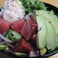 Aloha Poki (Tuna) · Spicy tuna, red onion, cucumber, crab, seaweed salad, avocado, corn, edamame, sichimi, kaiwa...