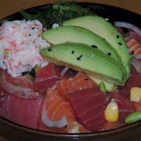 Gogo Poki (Tuna & Salmon) · Spicy tuna, spicy salmon, red onion, cucumber, crab, seaweed salad, avocado, jalapeno, corn,...