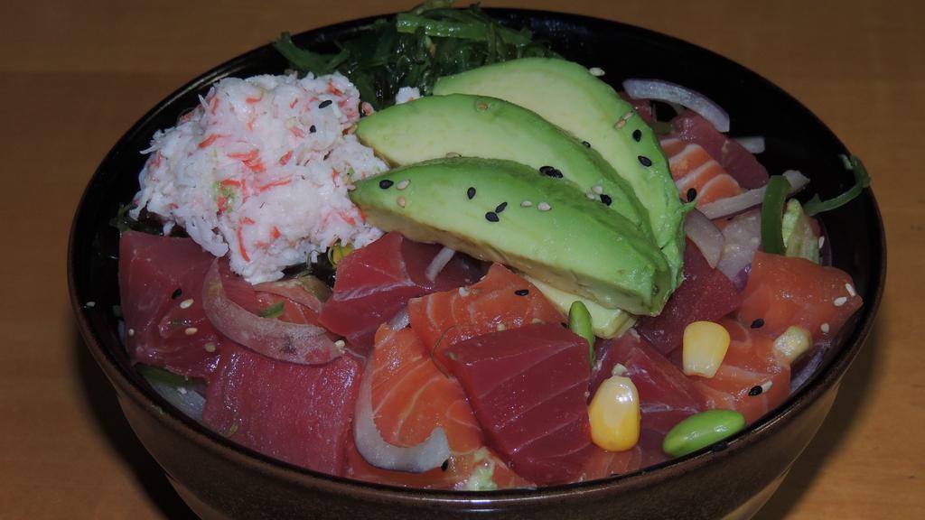 Gogo Poki (Tuna & Salmon) · Spicy tuna, spicy salmon, red onion, cucumber, crab, seaweed salad, avocado, jalapeno, corn, edamame, sichimi, kaiware