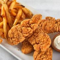 Chicken Tenders · 5 chicken tenders tossed in your choice of sauce with fries on the side and choice of drink.