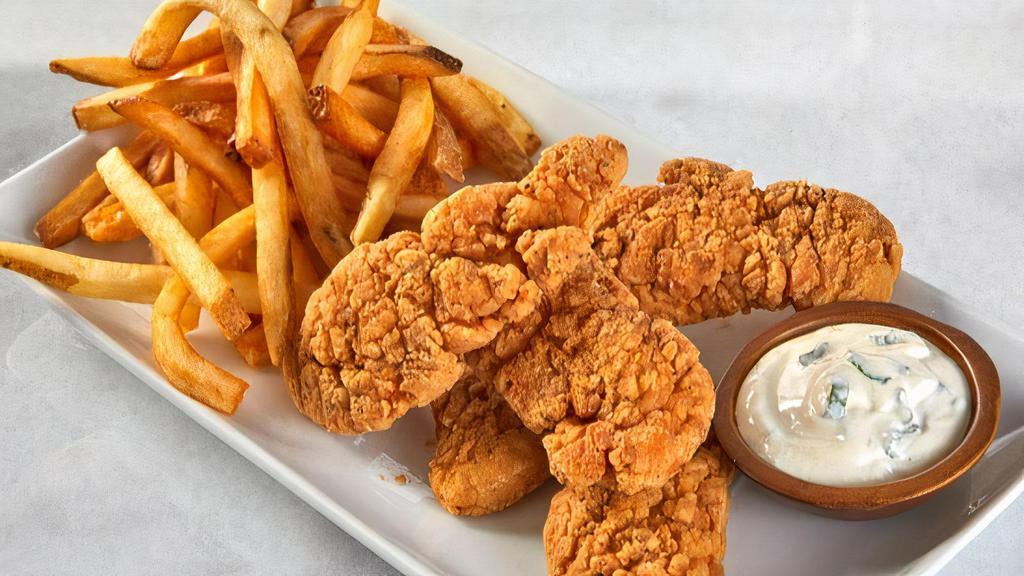 Chicken Tenders · 5 chicken tenders tossed in your choice of sauce with fries on the side and choice of drink.