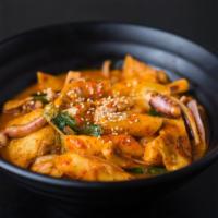A7. Squid Dukbokki · Spicy. Rice cake, squid vegetables with spicy sauce.