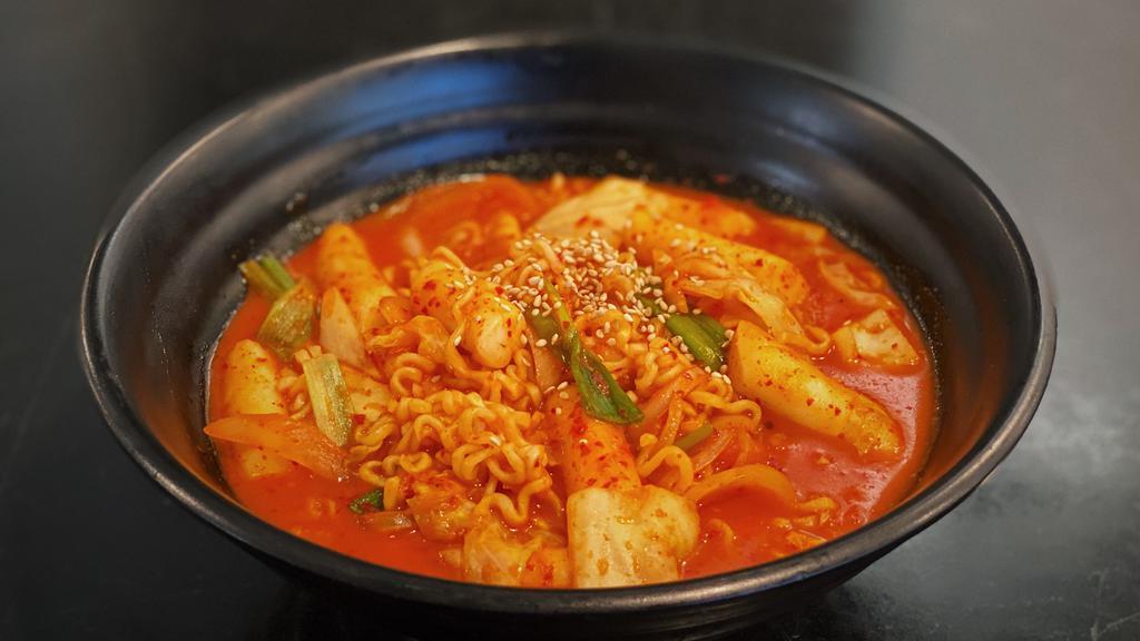 A8.Ramen Dukbokki · Spicy. Rice cake, ramen, and vegetables with spicy sauce.