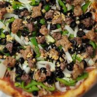 Kitchen Sink Pizza (Monster Slice) · Salami, pepperoni, smoked ham, mushroom, bell pepper, onion, black olives, ground beef, saus...