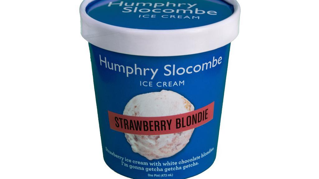 Strawberry Blondie Ice Cream · Strawberry ice cream with white chocolate blondies. I’m gonna getcha getcha getcha.