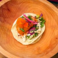 Baja Tacos · Crispy sweet potato, farm green slaw, salsa verde, citrus pickled red onions, chipotle cashe...