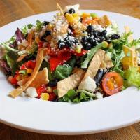 Southwest · Mixed greens, black beans, roasted corn, crispy tortilla strips, cherry tomatoes, cucumbers,...