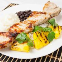 Pork Loin · Skewer of Pork Loin, comes with White Rice, Black Beans, Mashed Potatoes, Mixed Green Salad,...