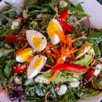 Hearty Greens · kale, spring mix, carrot, seeds, roasted bell peppers, quinoa, avocado, egg, green goddess v...
