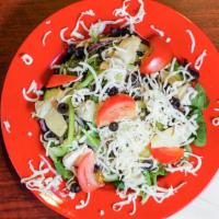 Fresh Tracks Salad · Red leaf lettuce, black olives, fresh mushrooms, green peppers, red onions, artichoke hearts...