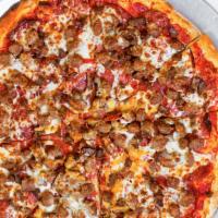 Everest · Our everest is topped with cheddar, italian sausage, meatball, mozzarella, pepperoni, salami...