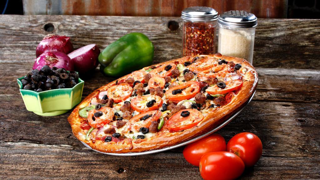 Yard Sale · Our yard sale is topped with black olives, cheddar, green peppers, italian sausage, mozzarella, mushrooms, pepperoni, red onions, salami, tomatoes, tomato sauce.