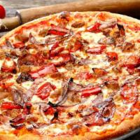 Wham Bam Thank You Mammoth · Italian sausage, roasted red peppers, caramelized onions, Parmesan, tomato sauce, and mozzar...