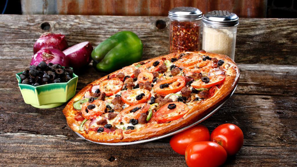 Yard Sale (Everything in the House!) · Italian sausage, pepperoni, salami, black olives, fresh mushrooms, green peppers, red onions, vine ripe tomatoes, tomato sauce, mozzarella, and cheddar. Cal range/serving: 270-660.