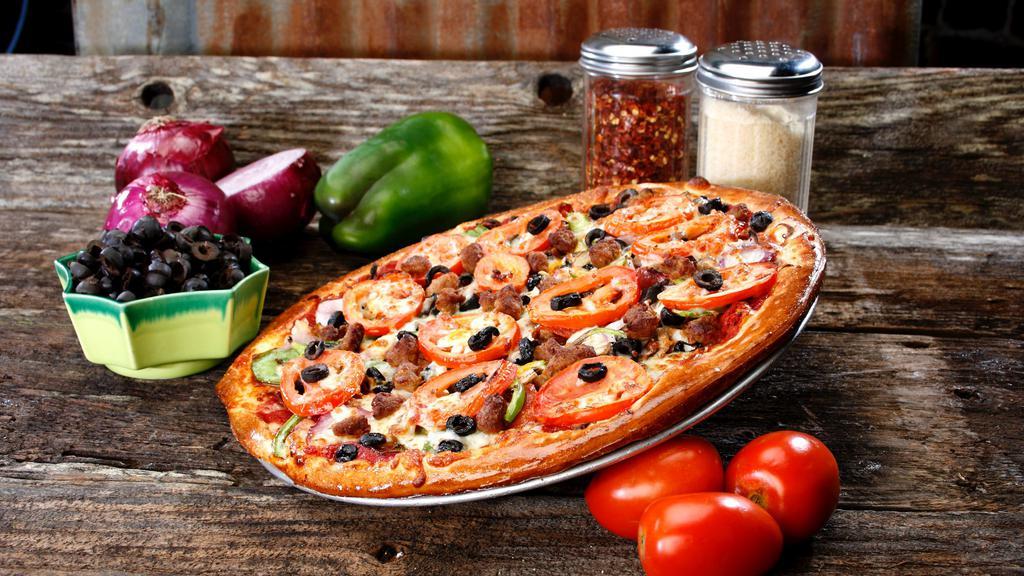 Yard Sale · Our yard sale is topped with black olives, cheddar, green peppers, italian sausage, mozzarella, mushrooms, pepperoni, red onions, salami, tomatoes, tomato sauce.