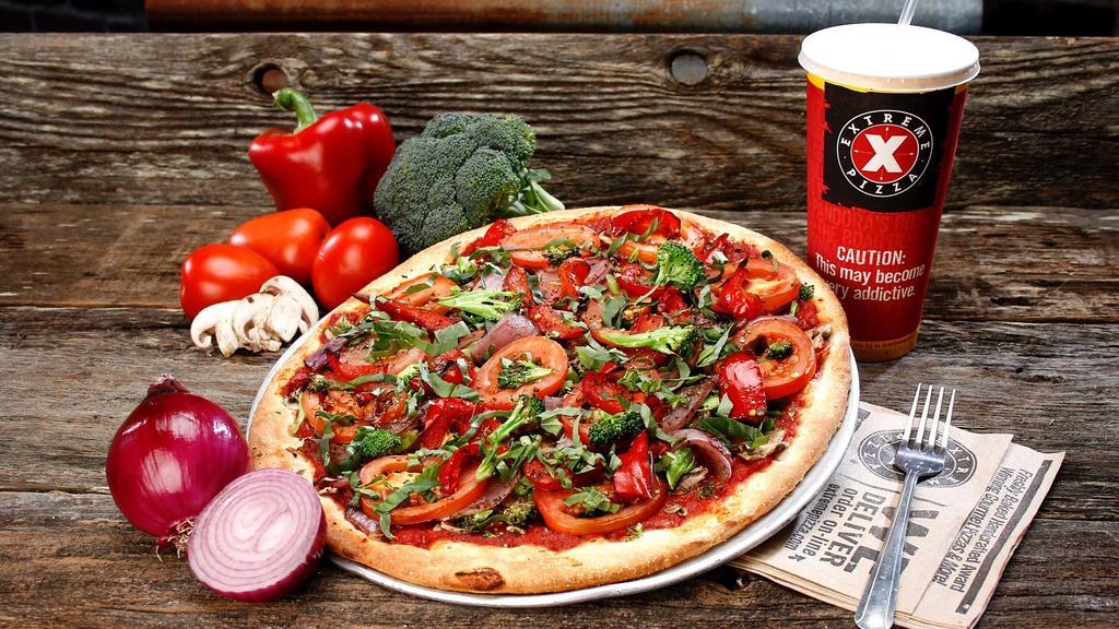 White Out · Our white out(basil) is topped with basil, broccoli, caramelized onion, mushrooms, oregano, red roasted peppers, tomatoes, tomato sauce.