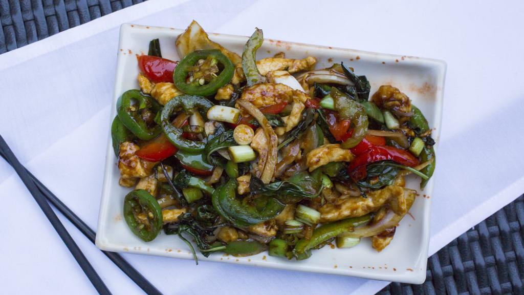 Szechuan Basil Chicken · Red and green pepper onion jalapeno basil. comes with soup eggroll and choice of rice.