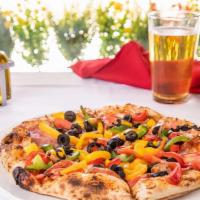 Don Corleone Pizza Regular · House made pizza sauce, mozzarella cheese, salami, sausage, peppers, olives, roasted garlic,...