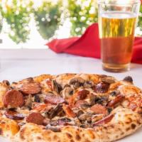 Nonno Francesco Pizza Regular · House made pizza sauce, mozzarella cheese, house made Italian pork sausage, and mushrooms (1...