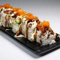 SR2. Toppu Roll · Shrimp tempura, crab meat, cucumber, topped with eel, avocado, and tobiko.