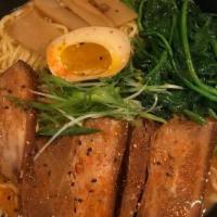 R6. Spicy Miso Pork Belly Ramen · Most popular. Spicy. Pork belly, half-boiled egg, bamboo spinach, green onion, and nori.