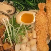 R7. Seafood · Tempura shrimp, mussels, scallops, calamari, half-boiled egg, bamboo, spinach, green onion, ...