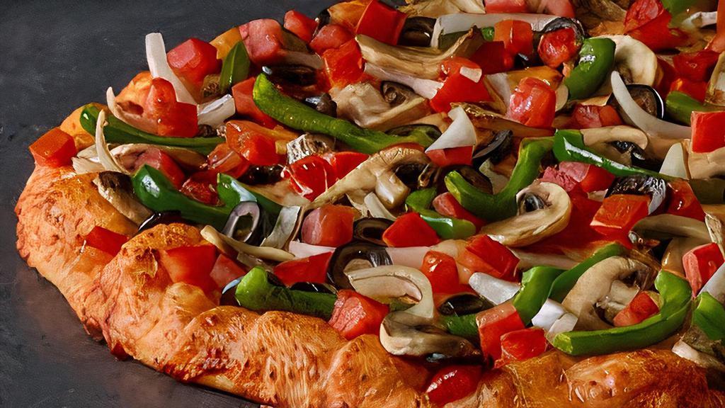 Guinevere’s Garden Delight® · Tomatoes, mushrooms, green peppers, onions, black olives on zesty red sauce. Personal: 120-190 cal., small: 170-250 cal., medium: 200-290 cal., large: 180-270 cal.