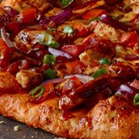 BBQ Chicken · Chicken, bacon, cheddar, tomatoes, red, and green onions, on BBQ ranch sauce topped with swe...
