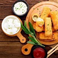 Mozzarella Sticks · Six pieces of deep-fried battered fresh mozzarella pieces were dusted with our house seasoni...