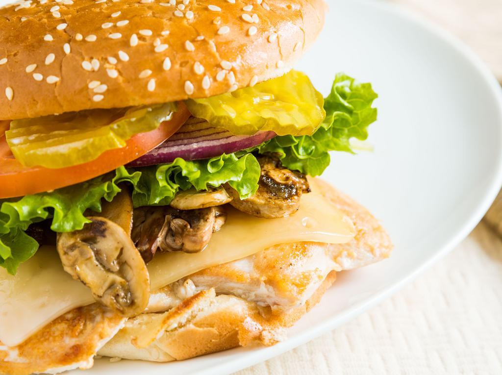 Carmel's Chicken Burger · With Swiss cheese and mushrooms.
