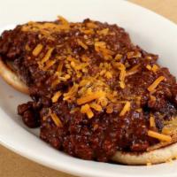 Bill's Famous Chili Burger · Served open-faced, topped with bill's chili, cheddar cheese and diced onions.