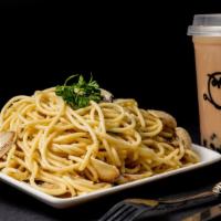 J.Garlic Clam Spaghetti · Includes Small Boba Milk or Small Lemon Tea