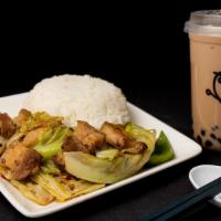 H. Spicy (Twic-Cooked) Pork Rice · Includes Small Boba Milk or Small Lemon Tea