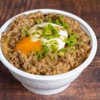 Mini Gyu Don ミニ牛丼 · Rice, dashi-tsuyu onion beef, ontama (soft-poached egg), scallion.