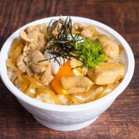 Mini Oyako Don ミニ親子丼 · Rice, dashi-tsuyu onion chicken, ontama (soft-poached egg), scallion, kizami nori.