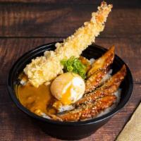 Unagi & Curry Jumbo Ebiten Don 鰻、特大海老天とカレーの二色丼 · Rice, 1⁄2 BBQ eel, 1⁄2 curry, jumbo ebi tempura 1pc, sesame, kizami nori.