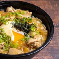 Oyako Don 親子丼 · Rice, dashi-tsuyu onion chicken, ontama (soft-poached egg), scallion, top kizami nori.