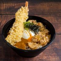 Oyako & Curry Jumbo Ebiten Don 親子丼、特大海老天とカレーの二色丼 · Rice, 1⁄2 dashi-tsuyu onion chicken, 1⁄2 curry, jumbo ebi tempura 1pc, scallion, kizami nori...