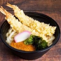 Jumbo Ebiten Udon ジャンボ海老天うどん · Udon, soup, jumbo ebi tempura 2pcs, inari, fishcake, scallion, wakame.