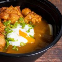 Curry Chicken Kara-age Udon チキン唐揚げカレーうどん · Udon, soup, fried chicken kara-age, curry, ontama (soft-poached egg), scallion.