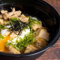 Oyako Udon 親子うどん · Udon, soup, dashi-tsuyu onion chicken, ontama (soft-poached egg), scallion, kizami nori.