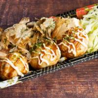 Takoyaki たこ焼き · Diced octopus in ball-shaped dough, with okonomiyaki sauce, mayo, bonito & nori flake.