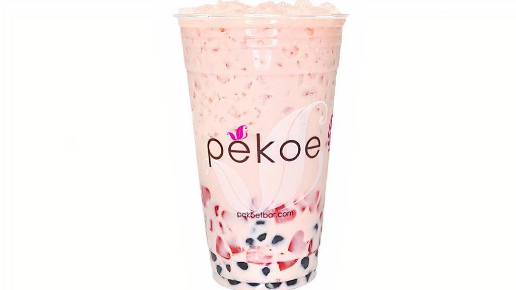 Pretty in Pink · Jasmine green tea fused with strawberry and pekoe milk cream. Topped with honey black pearls and strawberry heart jellies. For any sub or adjustment pleas not it in the extra instructions field.