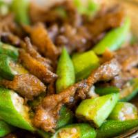 Stir Fried Beef with Okra in Shacha Sauce 沙茶牛肉羊角豆 · Cooked in oil.
