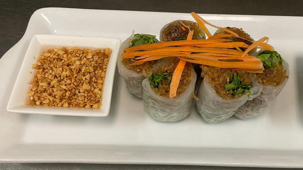 Fresh Spring Rolls (3) · Rolled fresh (soft) in a rice-paper wrapper with lettuce, bean thread noodles, bean sprouts, & cilantro. Available in chicken or veggie (veggie option does not include bean thread noodles).
