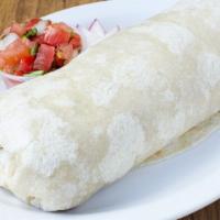 Super Meat Burrito · With choice of meat, rice, beans, cheese, guacamole, sour cream, lettuce, tomato and salsa. ...
