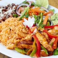 Chile Chipotle Prawns · Camarones al Chile chipotle with rice, beans, avocado salad and tortillas.