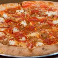Goombah · Tomato sauce, mozzarella, garlic, linguica, pepperoni, sausage, ricotta, oregano