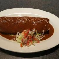 Mole Burrito · Shredded chicken or carnitas and rice covered with homemade mole sauce.