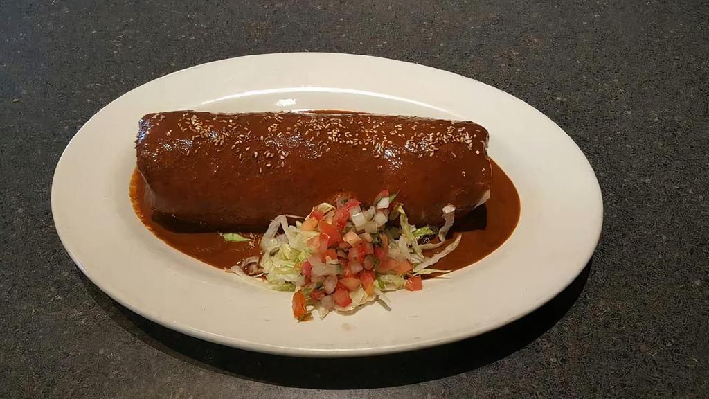 Mole Burrito · Shredded chicken or carnitas and rice covered with homemade mole sauce.